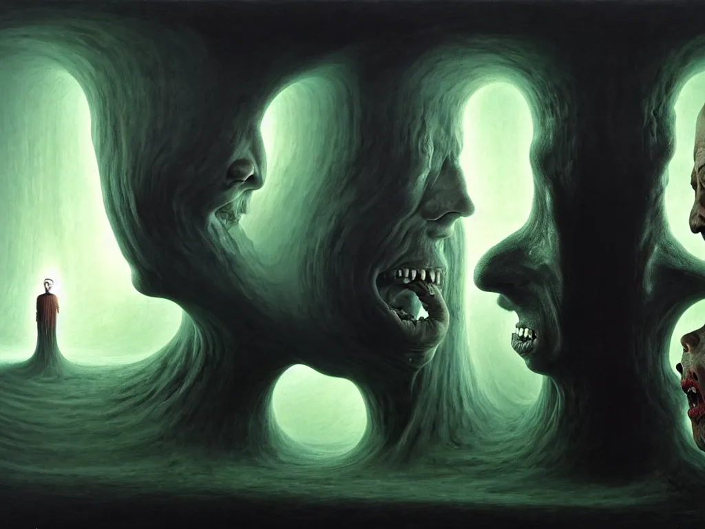 Image similar to a face split in two, one side furious and the other calm, one eye in the middle of the forehead with tears streaming down, large room with faceless beings watching, 4 k, art by jaroslaw jasnikowski