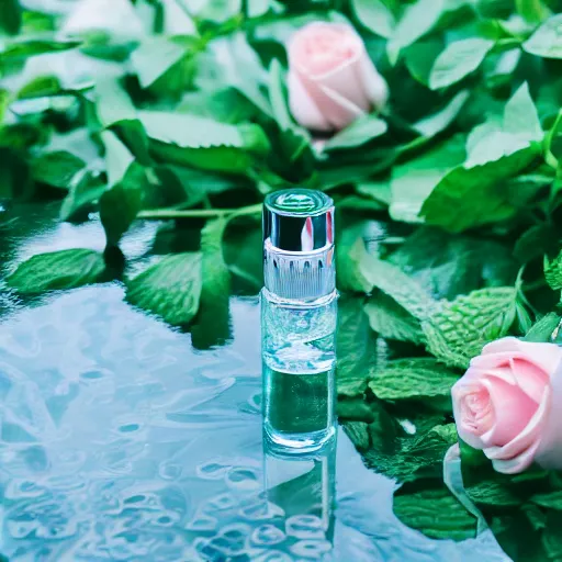 Prompt: centered bright perfume bottle standing in clear blue rippling water surrounded by a plethora of mint leaves and roses, with white crisp zen mountain background, illumination lighting, sharp focus, surreal photography, vogue, hartper's bazaar, sephora,