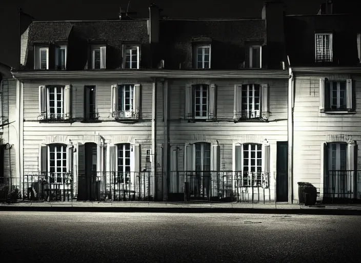 Image similar to small suburban houses in Paris at night inspired by Edward Hopper, Photographic stills, photography, fantasy, moody lighting, dark mood, imagination, cinematic