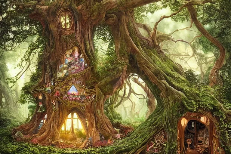 Prompt: yggdrasil the biggest tree in the world with a victorian fairy house embeded in the wood, treehouse, with long roots and branches, on the side of a magnificient lush forest on a hill, epic, beautiful light, highly detailed by brian froud, amy brown, lisa frank