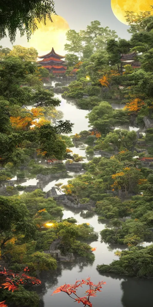 Image similar to A ultra-realistic CG rendering of Ancient China,There is a stream, jiangnan ancient buildings on besides of the stream,in the evening,Orange leaf maple tree, a moon in the sky, 8k,