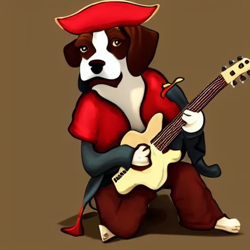 Image similar to dog as a pirate playing on guitar, digital art, artstation, high detalied,