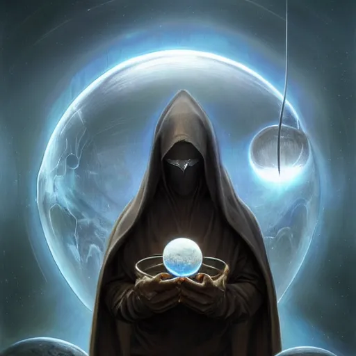 Image similar to masked nomad male wearing a cloak on an alien world and holding a holographic planet projection in his hand, detailed, sci - fi, digital painting, artstation, sharp focus, illustration, ominous, artgerm, tomasz alen kopera, peter mohrbacher, donato giancola, joseph christian leyendecker, wlop, frank frazetta