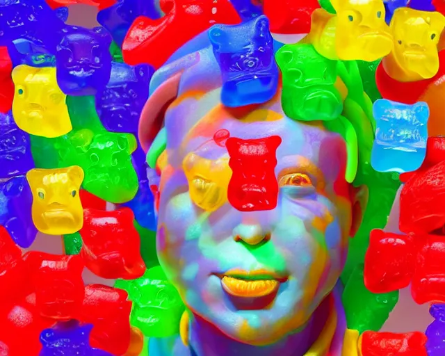 Image similar to a giant sculpture made out of of gummy bears in a human head shape, on the surface of the ocean, in the style of chad knight, long shot, hyper detailed, hyper realistic, ray tracing, 8 k resolution, sharp focus, realistic water, award winning sculpture