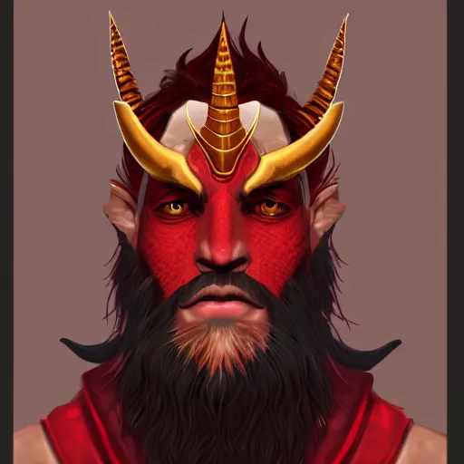 Image similar to dnd render of a male tiefling, red scales, a big black beard, completely golden eyes, 1 curved horn growing out of his forehead, one broken horn growing out of his forehead,