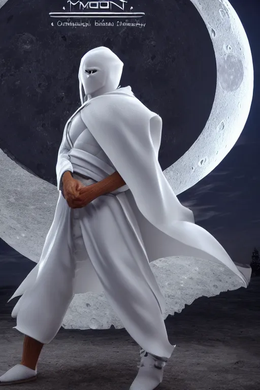 Image similar to hyperrealistic photography of Moon Knight mixed with Hokage style of Hossein Diba, Gal Yosef, full-shot, 4k, highly detailed, cinematic lighting, photorealistic, 3d render, award winning render, unreal engine, masterpiece, octane render, sharp focus, studio lighting, 8k, hd