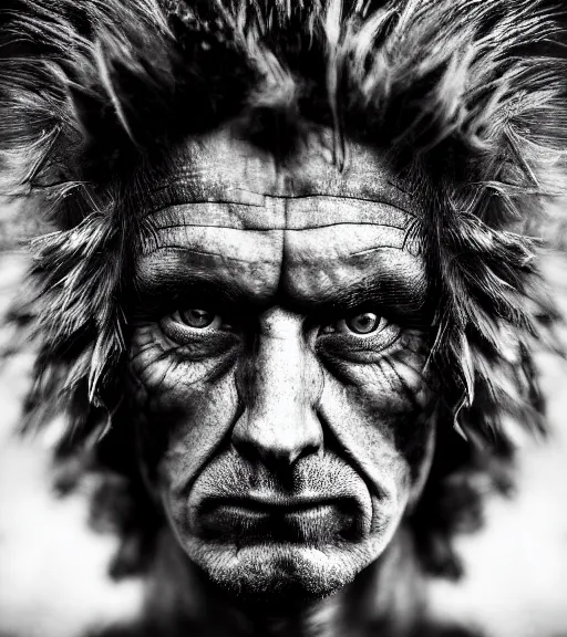 Prompt: Award winning Editorial photograph of an Early-medieval beast with incredible hair and fierce hyper-detailed eyes by Lee Jeffries and David Bailey, 85mm ND 4, perfect lighting, dramatic highlights, wearing traditional garb, gelatin silver process