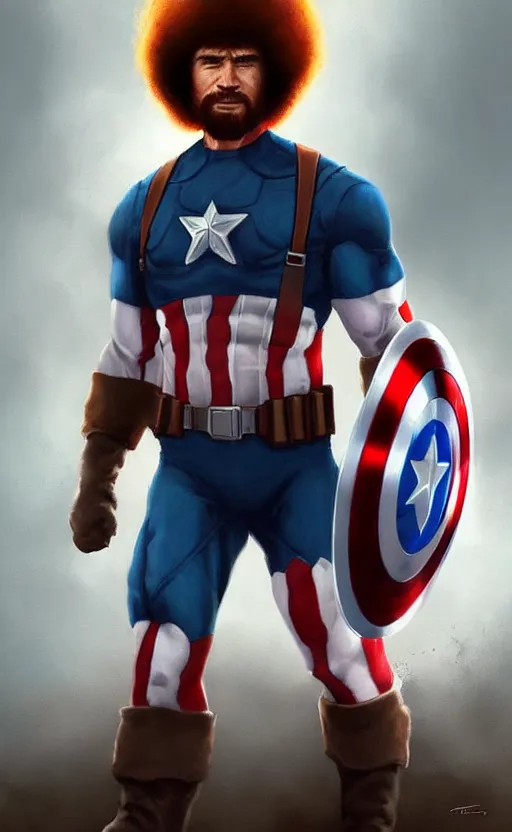 Image similar to bob ross as captain america, dynamic lighting, cinematic, ultra detailed, trending on art station, stunning visuals, creative, fantasy concept art