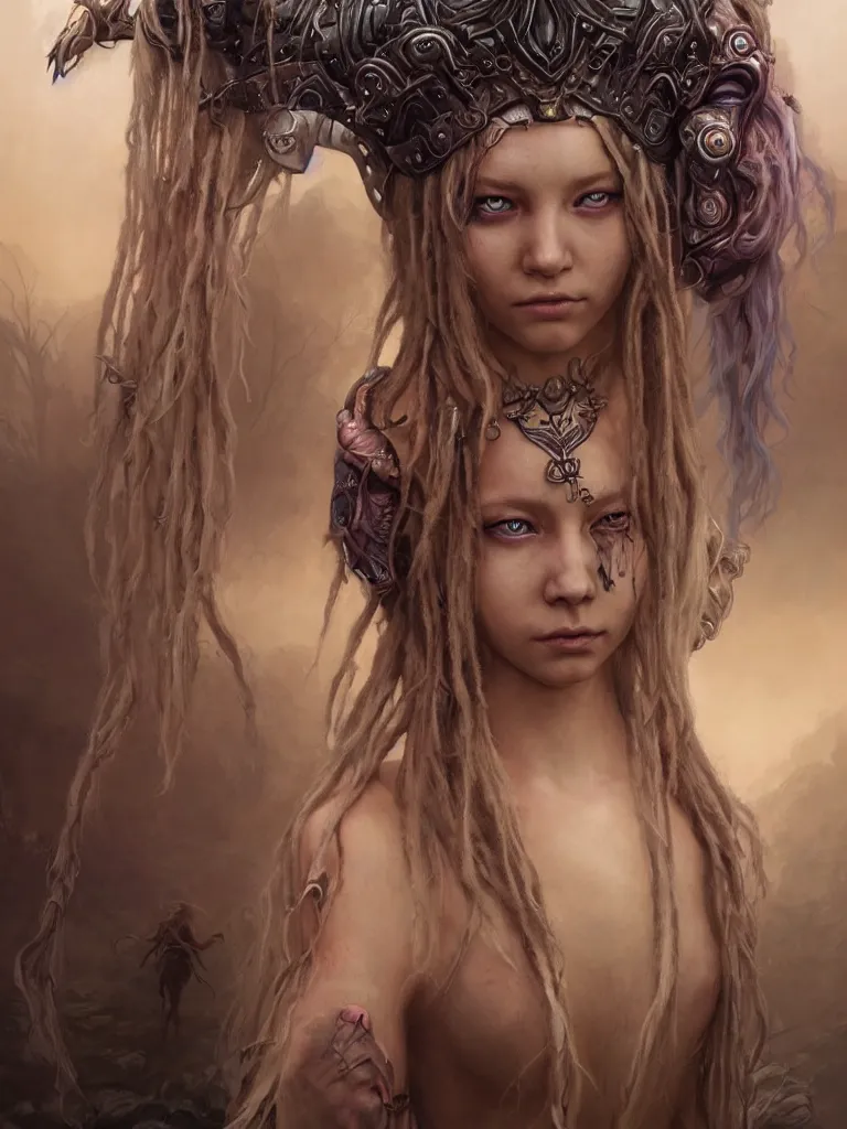 Image similar to fantasy changeling girl with blonde dreadlocks revealing her true nature, staring eyes, dim light, front game card, marvel comics, dark, intricate jewellery, highly detailed, smooth, smirking, artstation, digital illustration by ruan jia and mandy jurgens and artgerm and wayne barlowe and greg rutkowski and zdislav beksinski