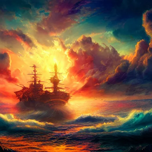 Image similar to majestical ship with a dragon flying above, beautiful composition, wide angle, colorful, cinematic, volumetric lighting, intricate details painting