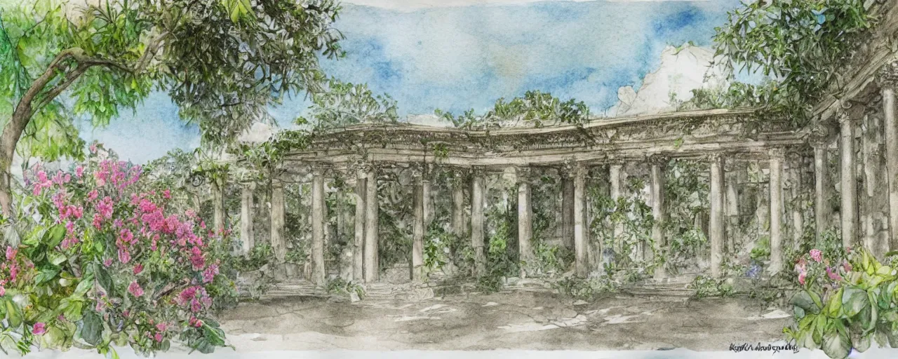 Image similar to delicate marble in a botanic garden, stony, puffy clouds, botanical herbarium paper, watercolor colored painting and pencil, iridescent colors, 8 k, realistic shaded, fine details, artstation, italian, colonnade, vines, flowers, gardena architecture, pompeii