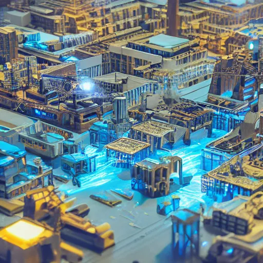 Prompt: crane shot of large group people in warehouse interior, looking at hologram of futuristic city on a table, cinematic still, godrays, golden hour, natural sunlight, 4 k, clear details, tabletop model buildings, tabletop model, ethereal hologram center, crane shot, crane shot, rule of thirds, people, people