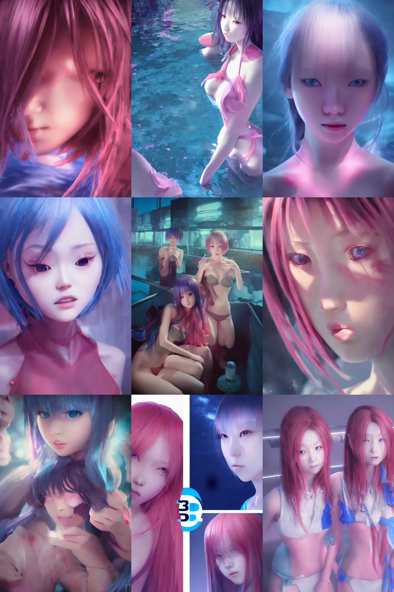 Prompt: 3d dark infrared octane render concept art by D. Jun, by Mo Xiang Tong Xiu, by Igarashi Daisuke by wlop, beauty portrait anime schoolgirls under dark pink and blue water. cute face. complex mirror deep room. dramatic light, trending on artstation.