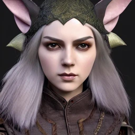 Image similar to anya charlota as a medieval fantasy tolkien elf, dark purplish hair tucked behind ears, wearing leather with a fur lined collar, wide, muscular build, scar across the nose, one black, scaled arm, cinematic, character art, digital art, realistic. 8 k, detailed.