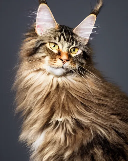 Prompt: An extremely beautiful studio photo of a Maine Coon cat in the style of the Girl With a Pearl Earring, bokeh, 90mm, f/1.4