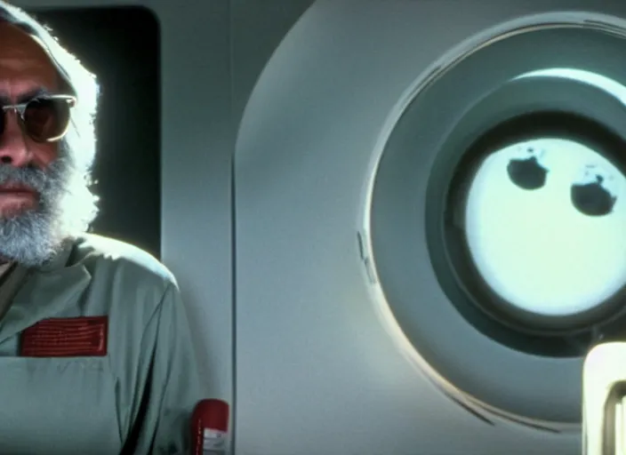 Image similar to film still of 30 year old Tommy Chong as Dr. Dave Bowman in 2001 A Space Odyssey