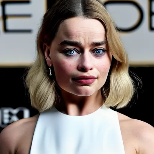 Prompt: a woman who is a genetic combination of emilia clarke margot robbie laura bailey pokimane, medium shot, detailed eyes,