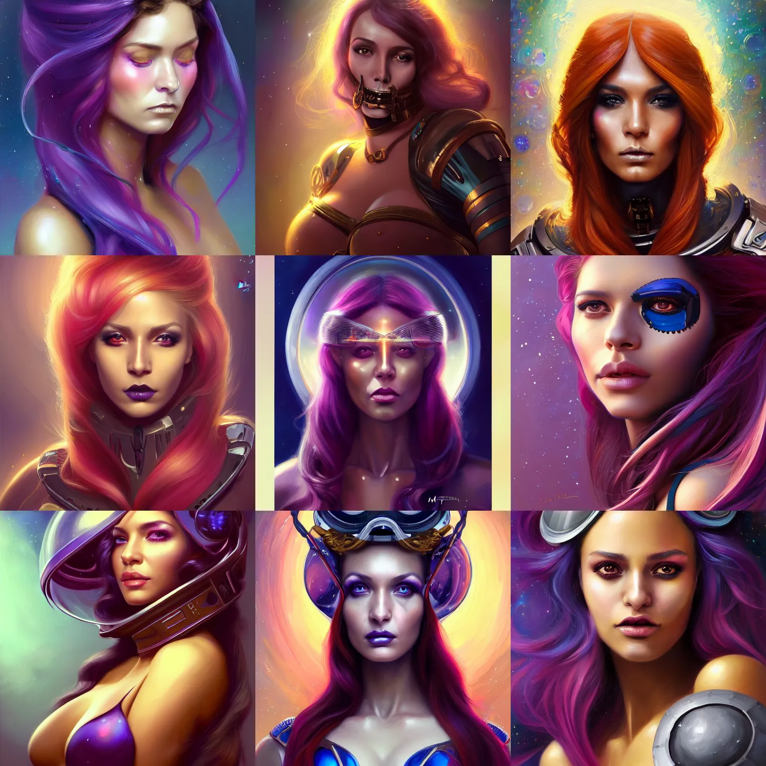 Prompt: a portrait of a very beautiful woman as a space pirate, Alexandria\'s genesis, skull shaped space helmet prototype, iridium lens, shoulder-length balayage umbrage vibrantly colored hair, bored, illustration, soft lighting, soft details, painting oil on canvas by mark arian by artgerm, trending on artstation, 4k, 8k, HD