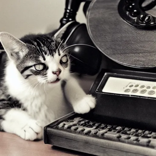 Image similar to photo of a cat laughing wide and hilariously into an old rotary phone that it is holding with its paw to its face. interior home office, at computer deist and keyboard and monitor, tec - supportt, it help, frustration, spilling coffee everywhere