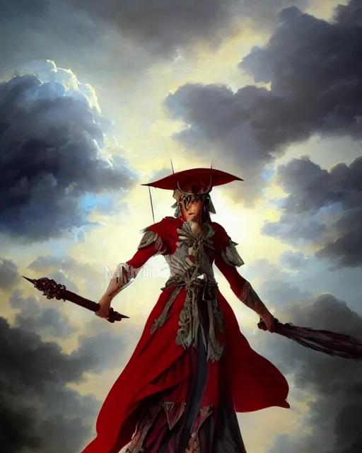 Image similar to A Full View of a Red Mage wearing striped shining armor and a feathered hat holding a staff of power surrounded by an epic cloudscape. Magus. Red Wizard. masterpiece. 4k digital illustration. by Ruan Jia and Artgerm and Andreas Rocha and William-Adolphe Bouguereau and Edmund Blair Leighton. award winning, Artstation, intricate details, realistic, Hyperdetailed, 8k resolution. Concept Painting. Key Art