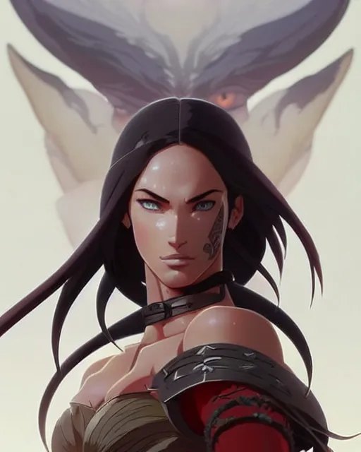 Image similar to azctec warrior, megan fox, detailed perfect face, exquisite details, fire magic, mid view, design on a white background, by studio muti, greg rutkowski makoto shinkai takashi takeuchi studio ghibli