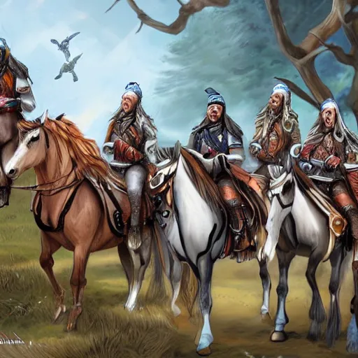 Image similar to cidaricheti falcons. a gang of mounted bandits. fantasy, high details, digital art