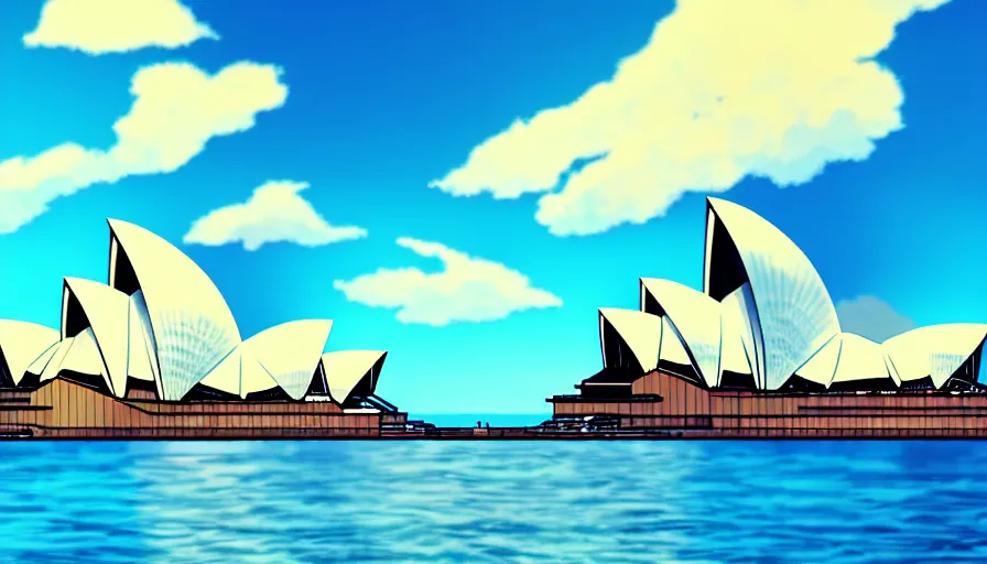 Prompt: scenic view of sydney opera house, in the style of makoto shinkai, sunny, blue skies, soft clouds, anime, 4 k, detailed