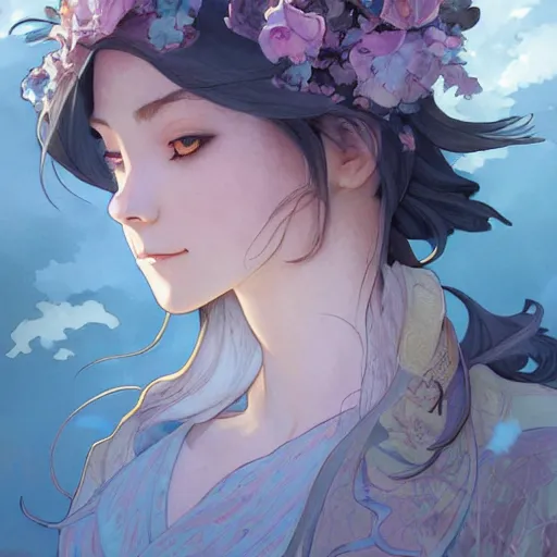 Prompt: a portrait of a spirit fox looking up as flower petals flow gently as a breeze blows them from left to right on a cloudy day with blue skies, art by artgerm and greg rutkowski and magali villeneuve and alphonse mucha and rossdraws and makoto shinkai, d & d, fantasy, highly detailed, digital painting, trending on artstation