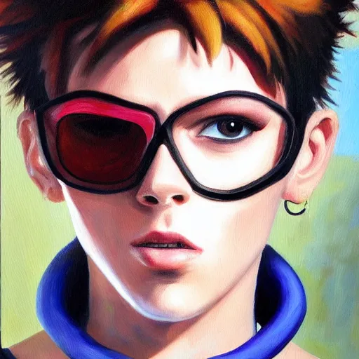 Image similar to oil painting of punk looking tracer wearing steel choker,