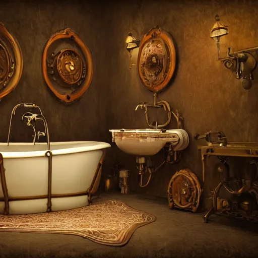 Image similar to steampunk bathroom in the warm morning light, bath, sink, perfumes, machines, beautifully lit, painting, high resolution, trending on artstation