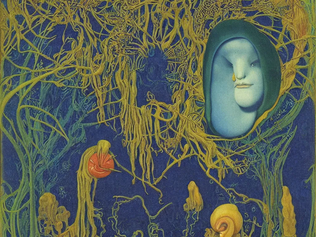 Prompt: portrait of a Mystic snail African mask with blue eyes in a water forest. Young comet. Georges de la Tour, Rene Magritte, Jean Delville, Max Ernst, Ernst Haeckel
