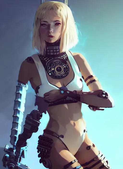 Image similar to portrait of cute shieldmaiden girl in cyber bikini armor, face by ilya kuvshinov, warhammer, cyberpunk, viking, by atey ghailan, by greg rutkowski, by greg tocchini, by james gilleard, by joe fenton, by kaethe butcher, dynamic lighting, gradient light blue, brown, blonde cream and white color in scheme, grunge aesthetic