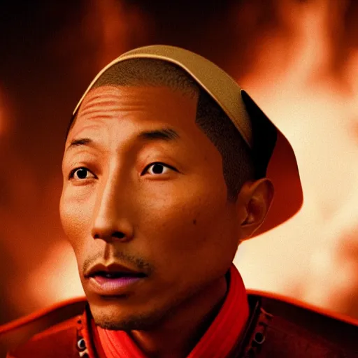 Image similar to cinematic film still Pharrell Williams starring as a Samurai holding fire, Japanese CGI, VFX, 2003, 40mm lens, shallow depth of field,film photography