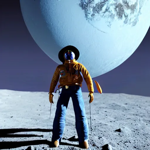 Prompt: cowboy standing on the moon looking up at earth, octane render, blender render, unreal engine, 3 5 mm