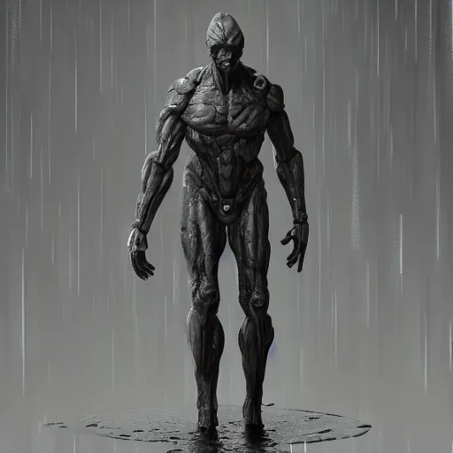 Image similar to solid humanoid, Trending on Artstation, cinematic atmosphere, wet climate