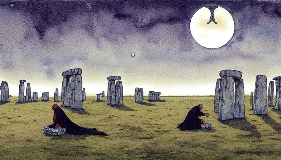 Image similar to a realistic and atmospheric watercolour fantasy concept art of a shiny metallic ufo floating above a large stonehenge. medieval monk in grey robes on his knees praying. a crescent moon in the sky. muted colors. by rebecca guay, michael kaluta, charles vess and jean moebius giraud