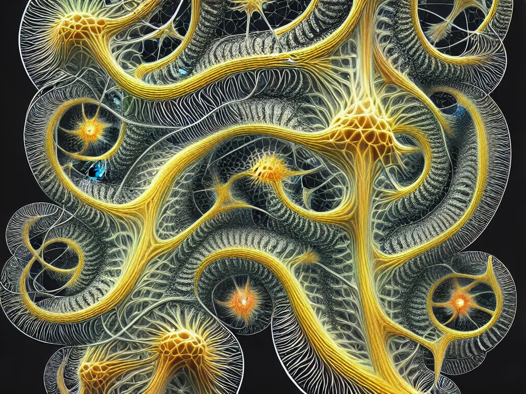 Prompt: hyper detailed rendr of fractal geometry platonic with neurons network, neo surrealism, art by ernst haeckel and daniel martin diaz