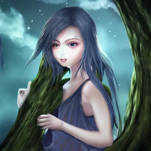 Prompt: plasma body, anime spectral female character, emerge from big old creepy tree, mist aura, black eyes melt, full body portrait, photorealistic,