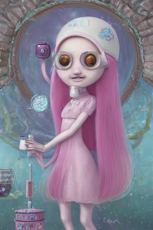 Image similar to highly detailed, natural light portrait of a young adult princess bubblegum from adventure time, experimenting in her castle lab, wearing lab coat & saftey goggles, long bubblegum hair with long straight bangs, beautiful, extremely cute, adorable, illustration concept art by nicoletta ceccoli, mark ryden, lostfish, detailed and intricate environment, 8 k resolution, hyperrealistic, octane render