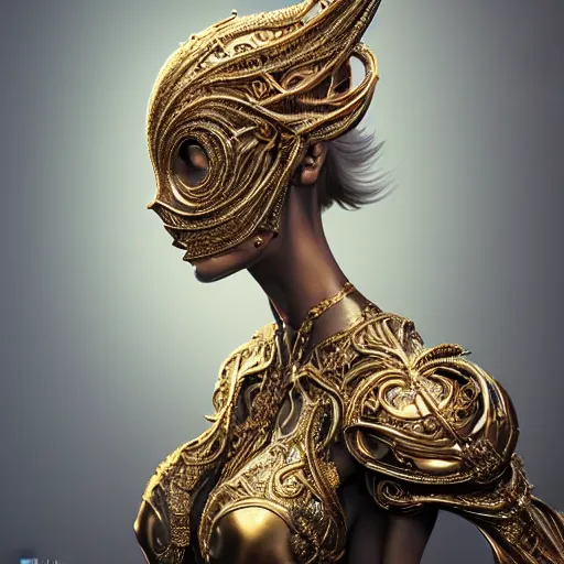 Image similar to a photo of a female in wearable sculpture art, ornate, metal works, intricate details, elegant, highly detailed, digital photography, artstation, glamor pose, concept art, smooth, sharp focus, art by artgerm and greg rutkowski, 3 d character, whole body, full body, film, photorealistic, unreal engine