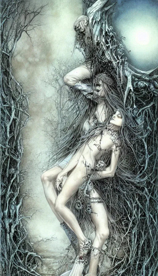 Prompt: life and death mixing together, by luis royo,