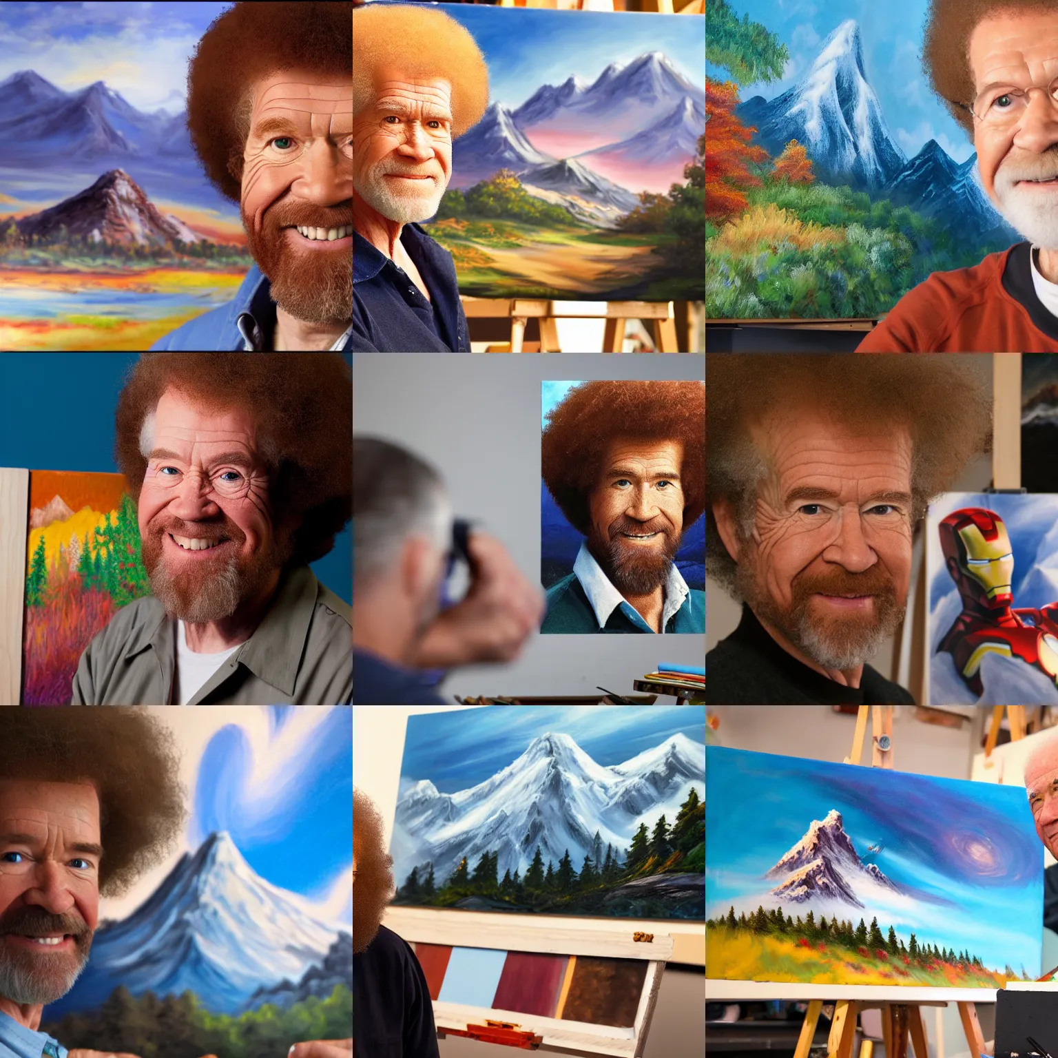 Prompt: a closeup photorealistic photograph of bob ross in his studio. bob is working on a canvas painting of iron man flying. mountain scape. film still, vibrant colors. this 4 k hd image is trending on artstation, featured on behance, well - rendered, extra crisp, features intricate detail, epic composition and the style of unreal engine.