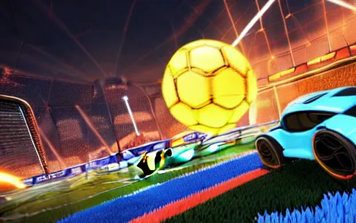 Image similar to rocket league goal, car soccer, ball exploding, dramatic lighting, moody lighting, muted color, 4 k, hq, octane render, dynamic angle, marketing, promotional.