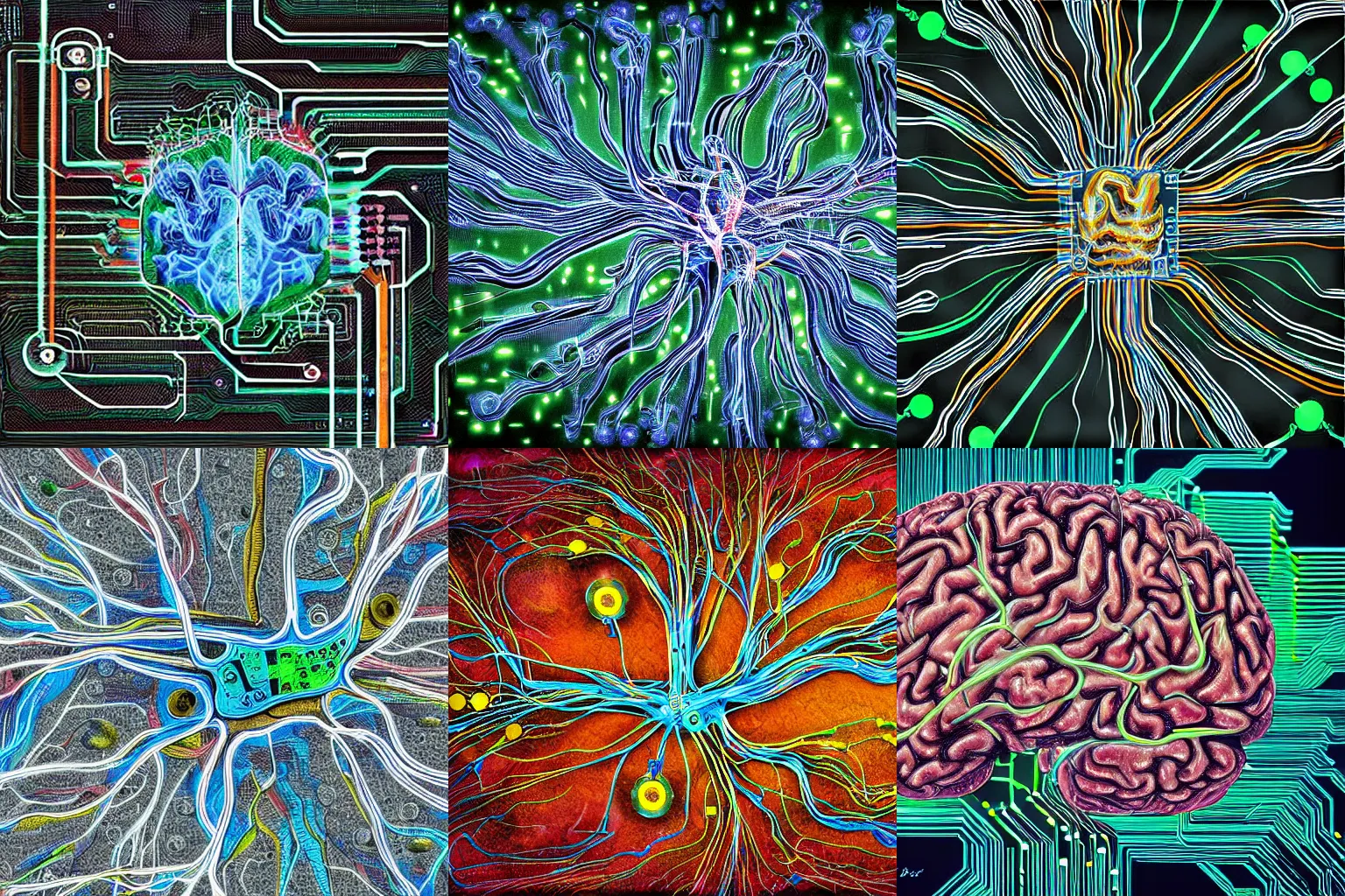 Prompt: integrated circuit, human brain, neurons and synapses, printed circuit board, electrical signals, detailed, realistic, in style of digital painting