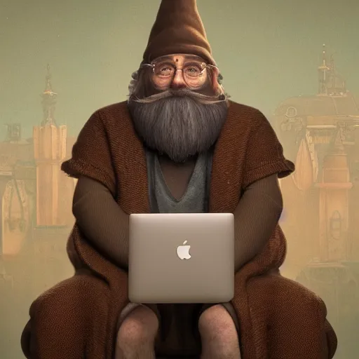 Image similar to chill gnome - like man, long brown beard, oversized brown mustache, macbook on his lap, wispy smoke, whimsical, art nouveau, photorealistic, octane render, unreal engine, mucha, magritte, artgerm, greg rutkowski, trending on artstation, super detailed, 8 k, control the soul