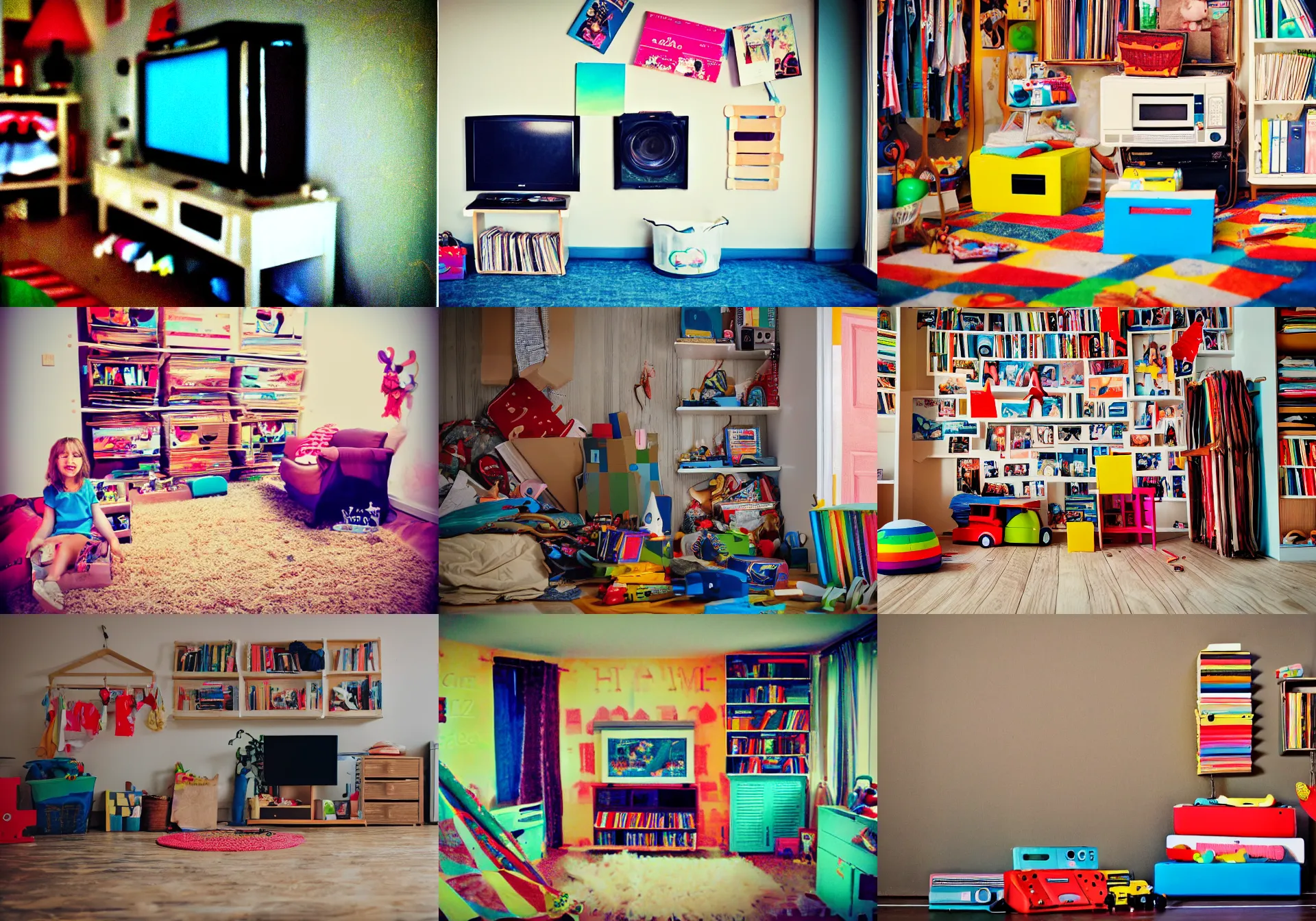 Prompt: home photography portrait, kids room, tv, clothes, toy, closet, cardboards ; mess, summer, Color VHS picture quality with mixed noise