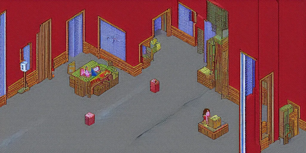 Image similar to glitchy pixelated Sega Mega Drive Genesis isometric sidescroller game of Suspiria, Twin Peaks in the style of Eiko Ishioka and Alfred Kubin