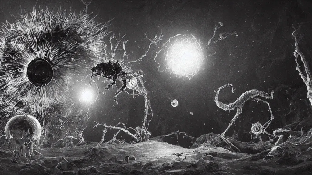 Image similar to a beautiful microscopic scientific photo of a coronavirus and a strange life form seen through an electron microscope, dark, sinister, detailed, art by Greg Rutkowski