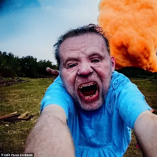 Image similar to last selfie of last alive of frightened funny damaged to bones ukrainian in dirty yellow and blue rags that trying to escape from a huge nuclear explosion at background