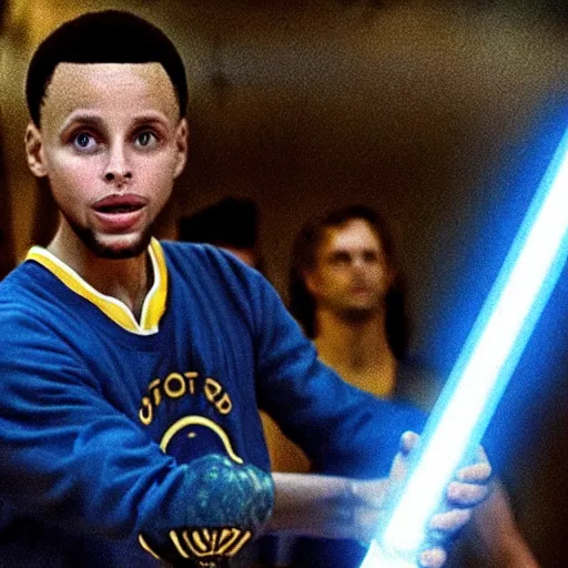 Image similar to A film still of Stephen curry in star wars holding a lightsaber